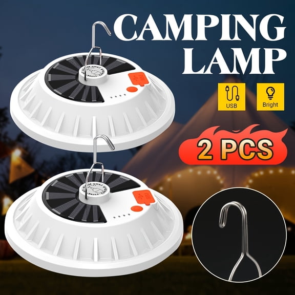 2 PACK 120LED Solar Camping Lantern with Remote Control, High Lumens Rechargeable Tent Lamp Hanging Hook for Hiking, Camping, Outage, Hurricane, Emergency (Built-In 3pcs 18650 Battery)