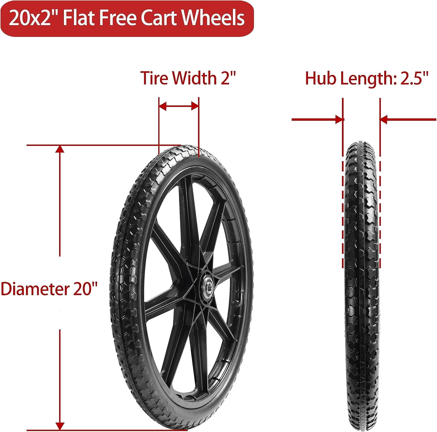 (2 PACK) 20" Flat Free Cart Wheels Compatible with  Wheelbarrow Wheels, 20x2" Flat Free Tires for Lawn Mower, Garden Cart - 3/4" Bearing, Hub Length 2.5", Black