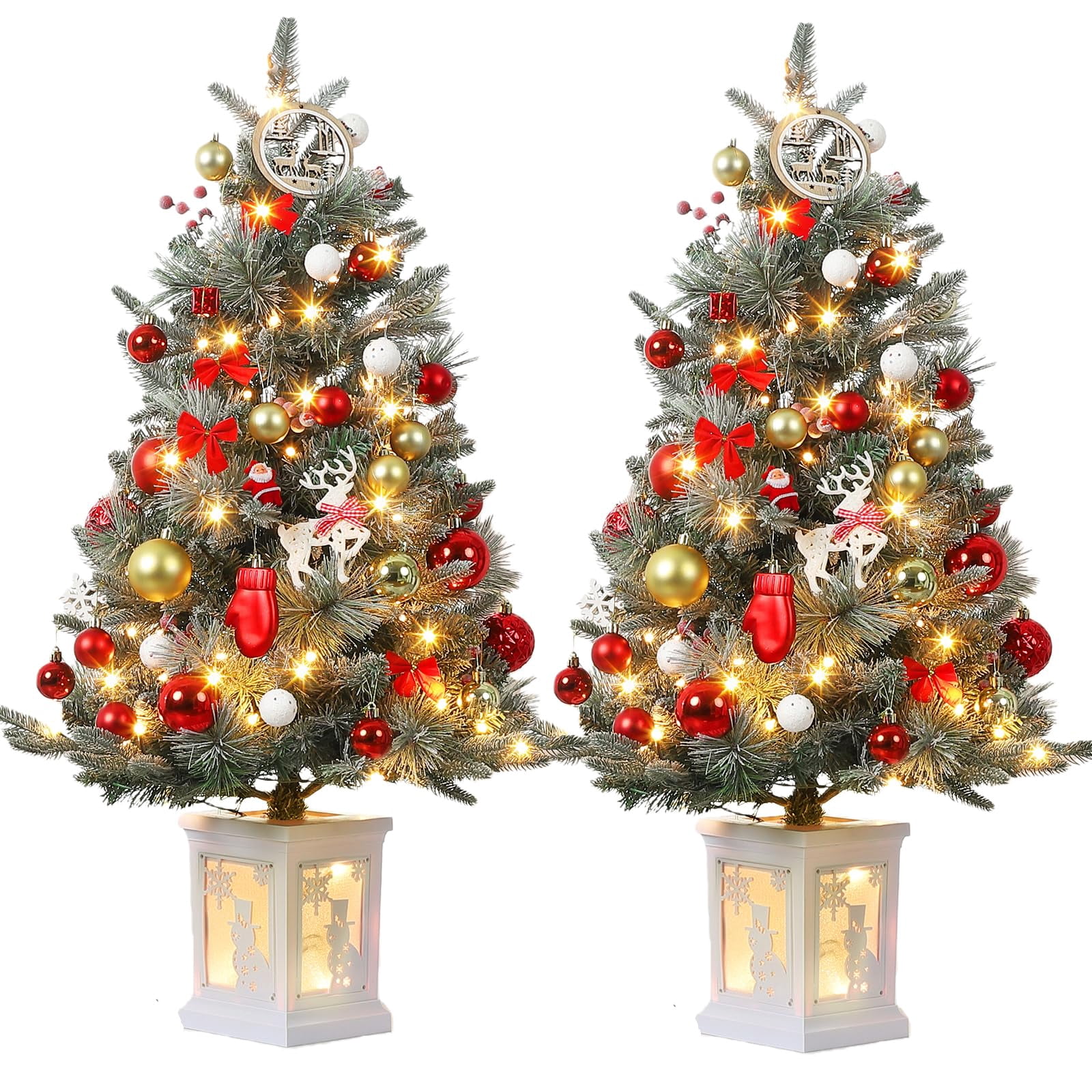 Fake Table Top Tree 2-PACK 3ft Mini Christmas Tree Pre-Lit Artificial Tree with 78 Warm ...