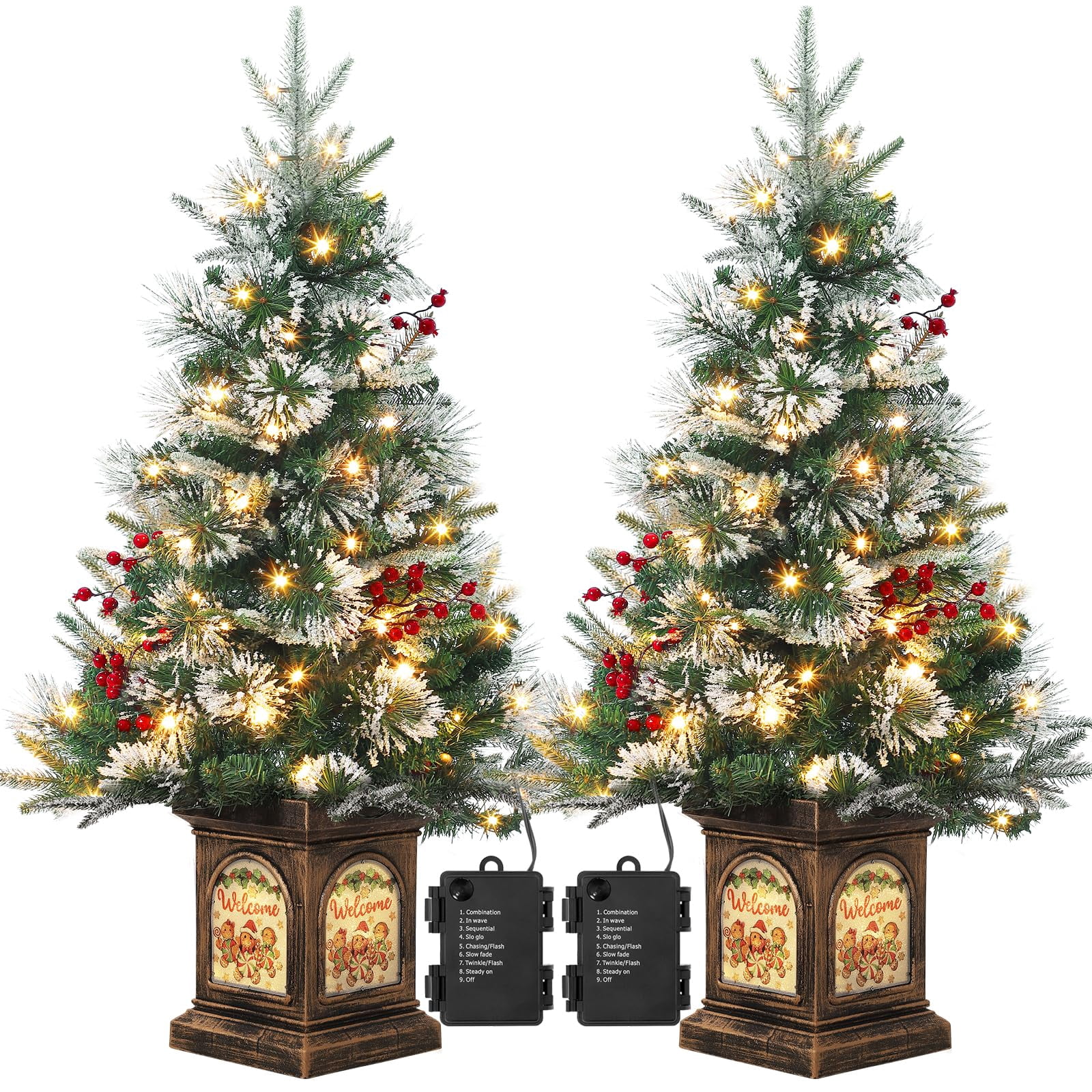 Fake Table Top Tree 2-PACK 3ft Mini Christmas Tree Pre-Lit Artificial Tree with 78 Warm ...