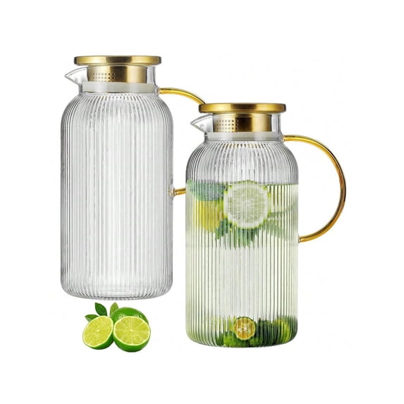 2 PACK Glass Pitcher With Lid, 68 Oz/ 2 Liter Classic Vertical Stripes Water Pitcher With Handle,Glass Water Carafe For Cold Brew, Coffee, Lemonade, Iced Sun Tea,Beverage,Heat Resistant