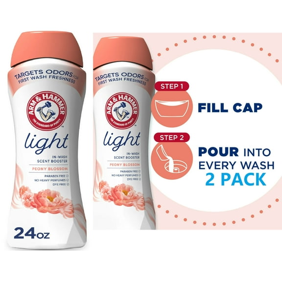 (2 PACK) ARM & HAMMER Light In-Wash Scent Booster, No Heavy Perfumes, No Dyes, No Parabens, Peony Blossom Scent, 24 Oz