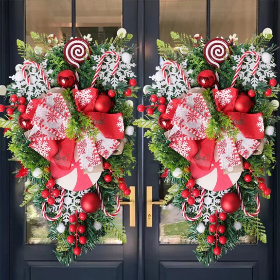 2 PACK Artificial Christmas Wreaths for Front Door。20.5"Floral Garland Christmas Candy Upside Down Christmas Tree Wreath Ribbon Candy Wreath Christmas Front Door Decoration
