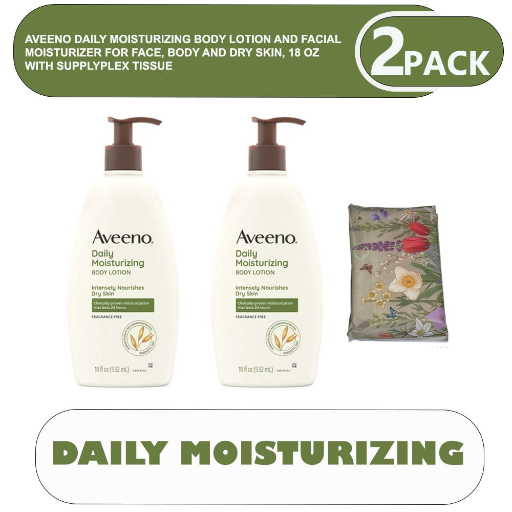 2 PACK| Aveeno Daily Moisturizing Body Lotion and Facial Moisturizer for Face, Body and Dry Skin, 18 oz with supplyplex Tissue