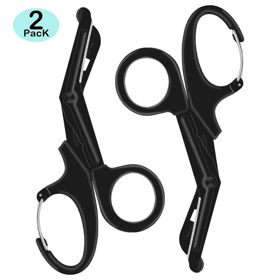 2 PACK Bandage Scissors, Fluoride-Coated Trauma Shears for Nurses,7.5" Non-Stick Stainless Steel Blades Nurses Scissors with Carabiner for Nurses, Doctors, and Nursing Students (Black)