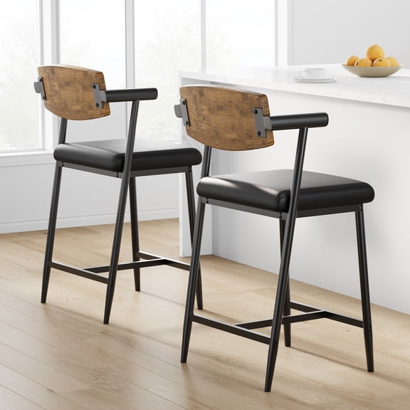 2 PACK Bar Stools with Arms, 26" Counter Height Barstools Set with Wood Back & Footrest, 2-Piece Modern Metal Bar Stools, Wide Seat for Counter Bar