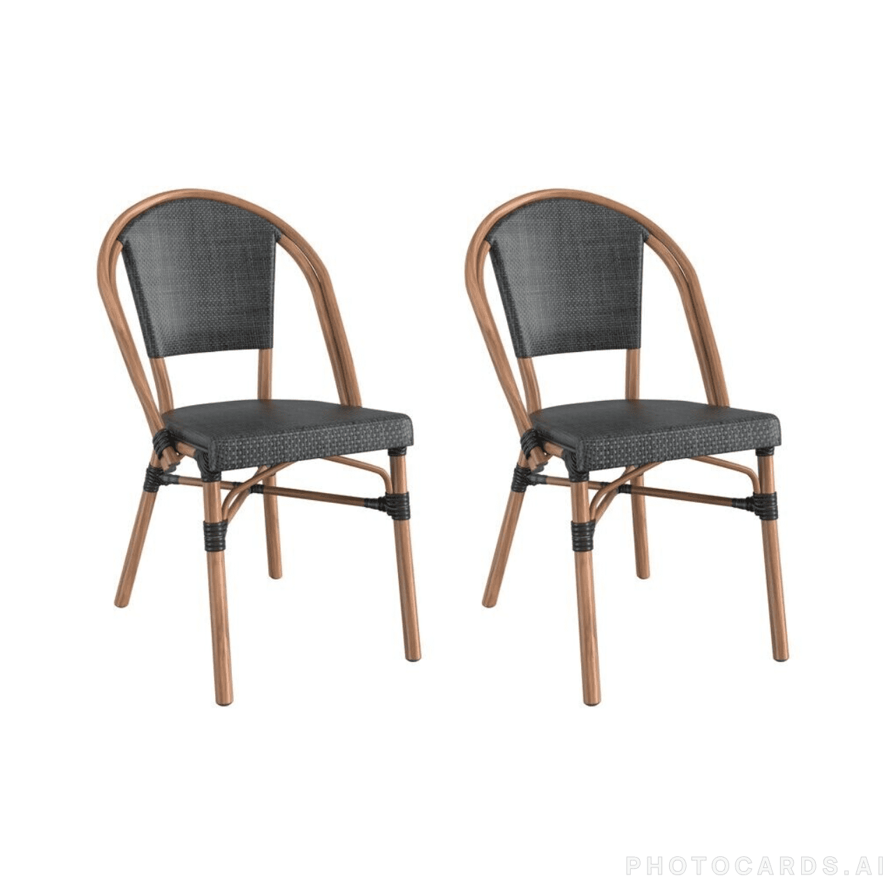 Black Textilene and Bamboo Print Aluminum Bistro Chairs, Set of 2
