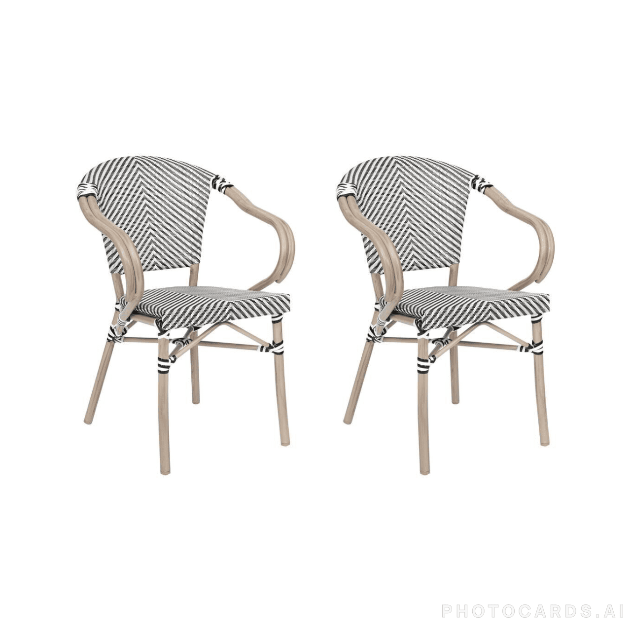 Set of Two Black and White Bistro Dining Chairs with Bamboo Metal Frame