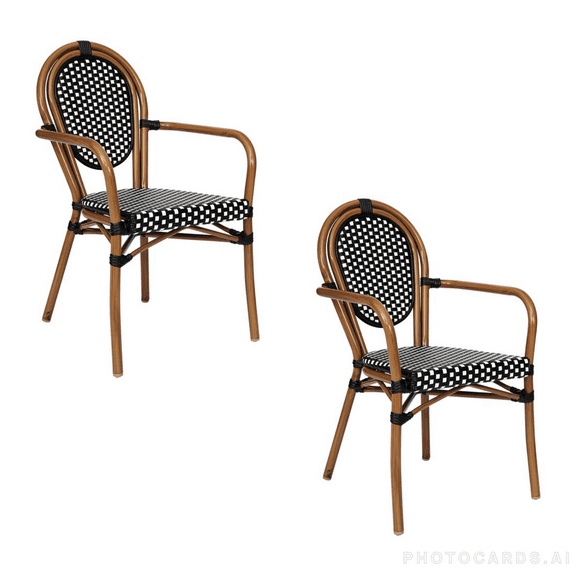 2 PACK Bistro Style Black and White Dining Arm Chair With Bamboo Aluminum Frame
