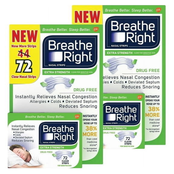2 PACK | Breathe Right Extra Strength Nasal Strips, 72 Count (CLEAR) Drug Free