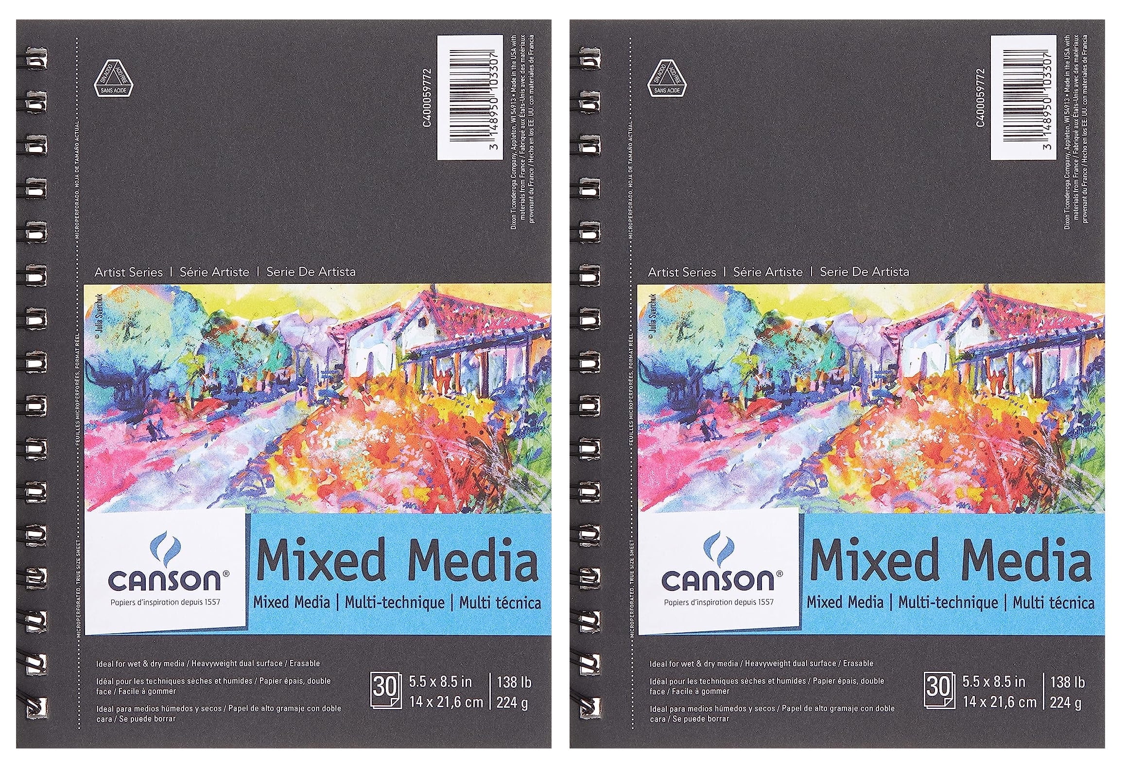 Canson Artist Series Mixed Media Paper Pad - 5.5x8.5 Inch, 30 Sheets, 138 Lb, Dual Texture For Wet/Dry Media