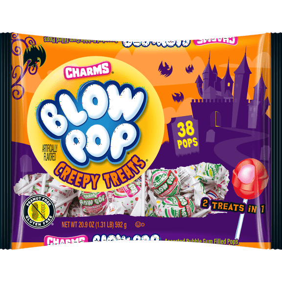 (2 PACK)( Charms Blow Pop, Halloween, Bubble Filled Gum Lollipops, 20.9 oz, 38 Piece Bag. Milk & Soy may be present.