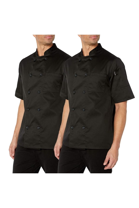 2-PACK Chef Code Basic Short Sleeve Chef Coat with Pearl Buttons, Black, 2XL