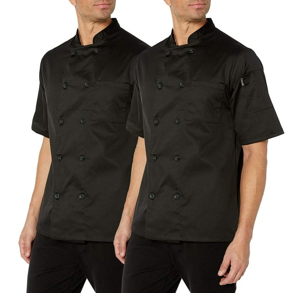 2-PACK Chef Code Basic Short Sleeve Chef Coat with Pearl Buttons, Black, L