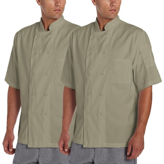 2-PACK Chef Code Basic Short Sleeve Chef Coat with Pearl Buttons, Chef Jacket, Khaki, M