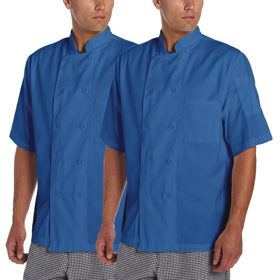 2-PACK Chef Code Basic Short Sleeve Chef Coat with Pearl Buttons, Chef Jacket, Royal, L