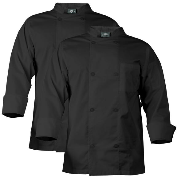 2-PACK Chef Code Chef Coat with 8 Pearl Buttons, Double Breasted Front, Black, S