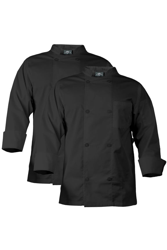 2-PACK Chef Code Chef Coat with 8 Pearl Buttons, Double Breasted Front, Black, S