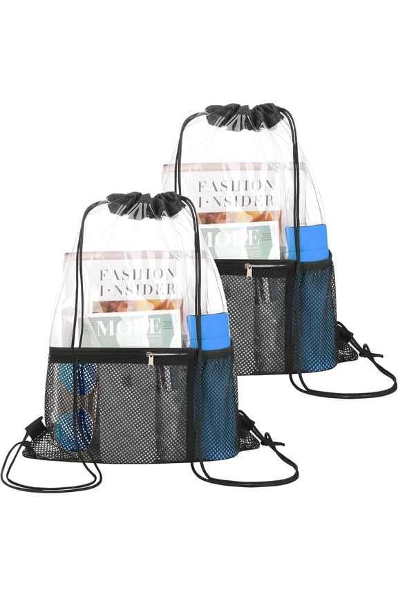 2 PACK Clear Drawstring Bag Stadium Approved, See Through Transparent PVC Drawstring Backpack, Clear Bag for for Concert  Festival Travel Work (Black)