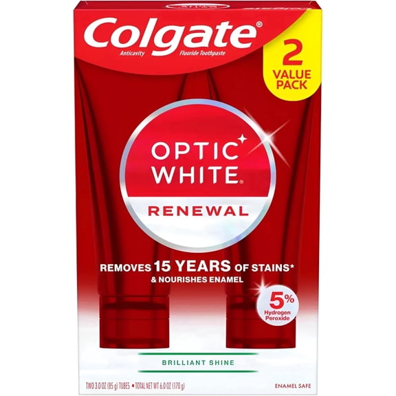 ( 2 PACK ) Colgate Optic White Renewal Teeth Whitening Mint Toothpaste, Brilliant Shine, 3.0 Oz