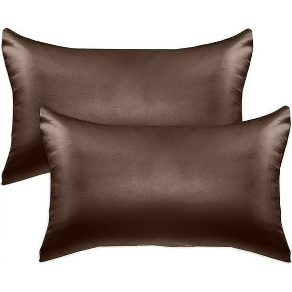 2 PACK Cooling Viscose Satin Pillowcase Set with Hidden Zipper closure, Standard/Queen,Chocolate Brown