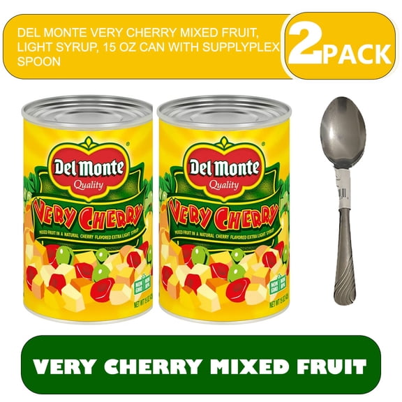 2 PACK| Del Monte Very Cherry Mixed Fruit, Light Syrup, 15 oz Can With supplyplex Spoon