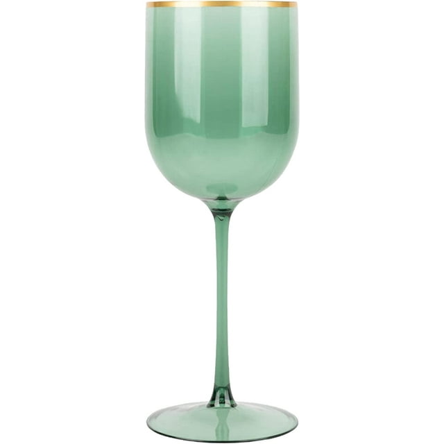 (2 PACK) EcoQuality Translucent Plastic Green Wine Glasses with Gold Rim - 12 oz Wine Glass with Stem, Disposable Shatterproof Wine Goblets, Reusable, Elegant Drink Cup Tumblers Weddings, Party
