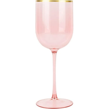 (2 PACK) EcoQuality Translucent Plastic Pink Wine Glasses with Gold Rim - 12 oz Wine Cups with Stem, Disposable Shatterproof Wine Goblets, Reusable, Elegant Drink Cup Tumblers Weddings, Party