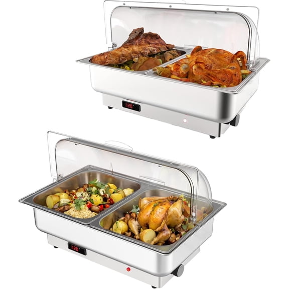 2 PACK Electric Chafing Dishes Adjustable Temp Roll Top Food Warmer with 2 x 4.5 QT Size Pans, Stainless Steel Buffet Servers and Warmers, Temp Display Food Warmer Transparent Lid Chafers for Parties