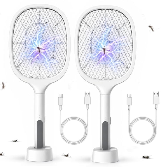 2 PACK Electric Fly Swatter 4100V Bug Zapper Racket, 2 in 1 Handheld Fly Zapper & Purple Mosquito Killer Rechargeable and 3-Layer Safety for Indoor Home Office Backyard Patio Camping