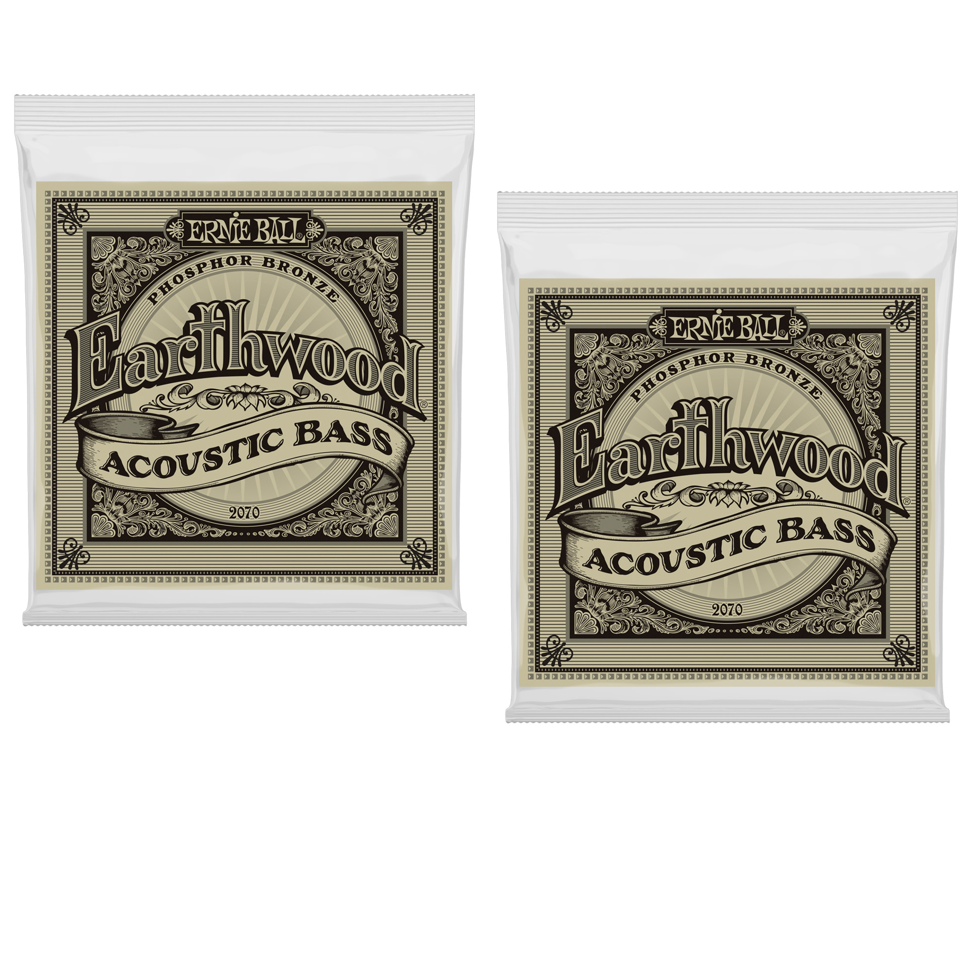 2 PACK Ernie Ball 2070 Earthwood Phosphor Bronze Acoustic Bass Strings 45-95