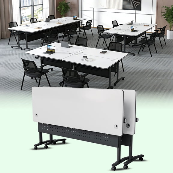 2 PACK Folding Conference Room Table with Wheels,47.2 IN Modular Conference Tables Seminar Table with Grommet,Stability Enhancement,Fold Up Rolling Conference Table for Office