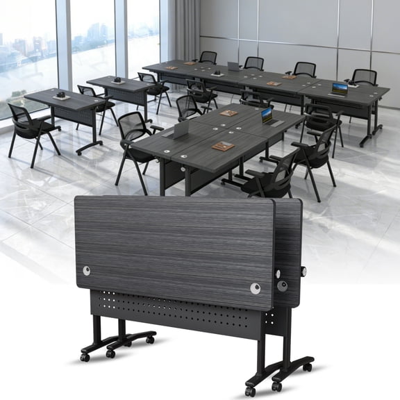 2 PACK Folding Conference Room Table with Wheels,47.2 IN Modular Conference Tables Seminar Table with Grommet,Stability Enhancement,Fold Up Rolling Conference Table for Office