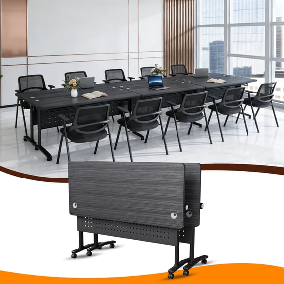 2 PACK Folding Conference Table,Conference Room Tables with Wheels,47.2 IN Modular Seminar Table with Grommet,Mobile Rolling Training Tables for Office Classroom