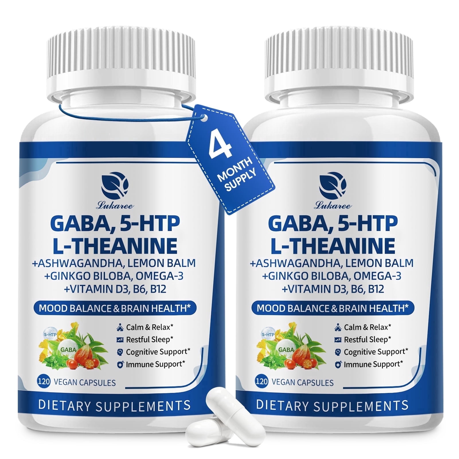 (2 PACK)GABA Supplements 750mg with L-Theanine, 5-HTP, Ashwagandha, Lukaree GABA Capsules for Sleep, Focus, Mood Support, Cortisol Balance - 120 Day Supply