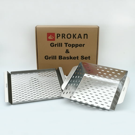 2 PACK GRILL BASKET SET AND GRILL TOPPER SET