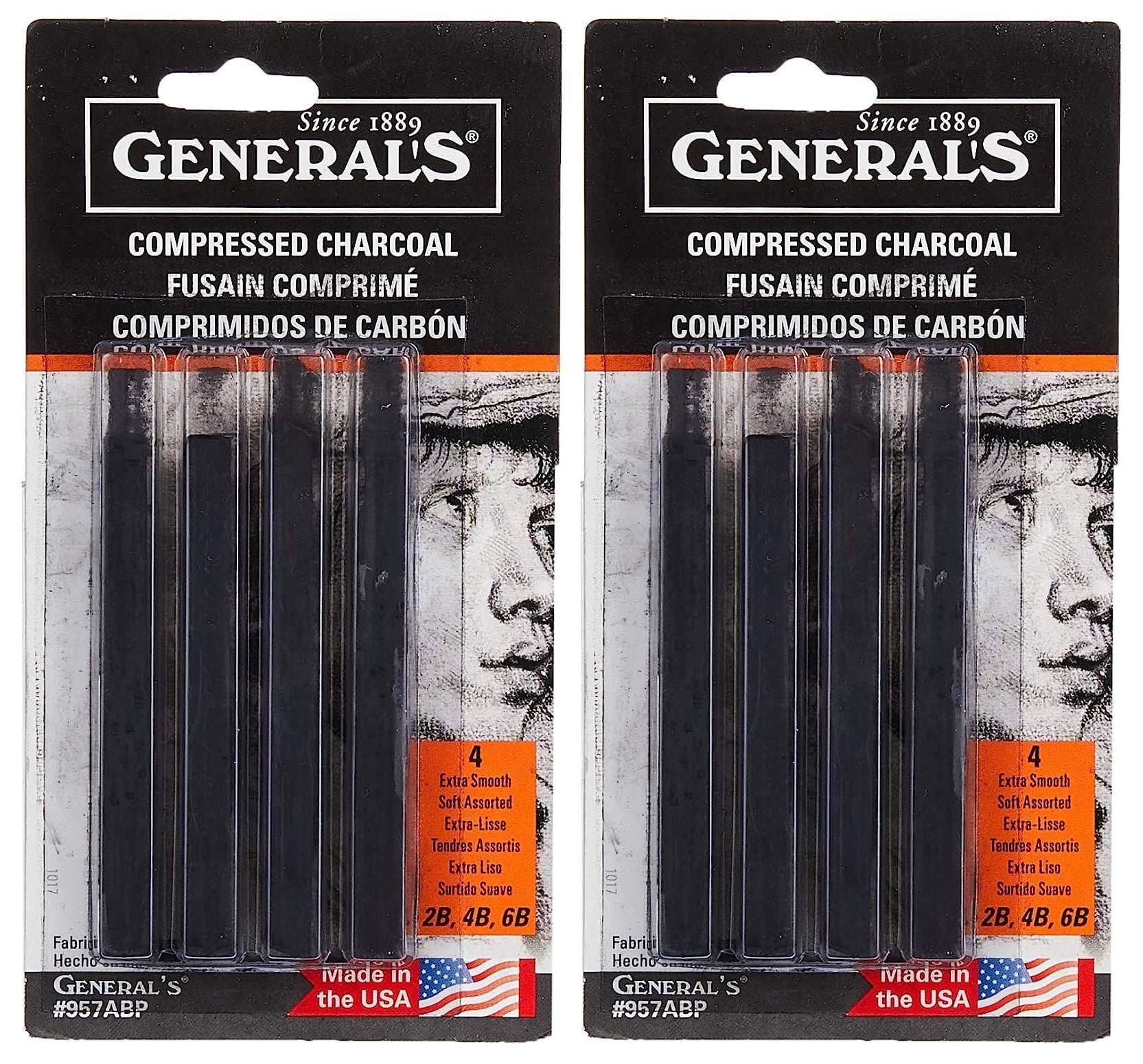 General Compressed Charcoal 4-Pack Stick Set, Black, Assorted