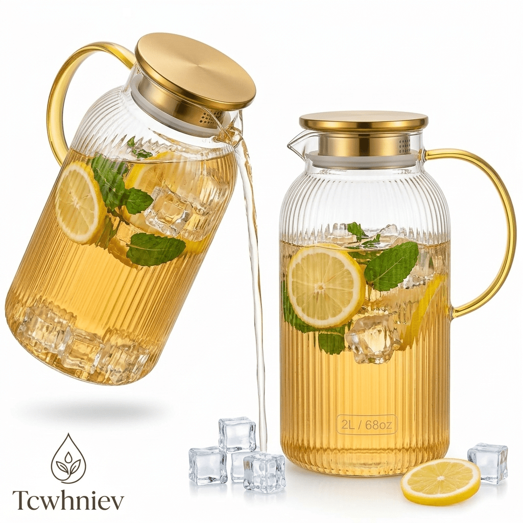 2 PACK Glass Pitcher with Lid 68 oz Classic Vertical Stripes Water Pitcher with Handle Glass Water Carafe for Cold Brew Coffee Iced Sun Tea Beverage Heat Resistant