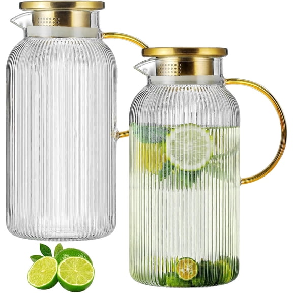2 PACK Glass Pitcher with Lid, 68 oz/ Liter Classic Vertical Stripes Water Handle,Glass Carafe for Cold Brew, Coffee, Lemonade, Iced Sun Tea,Beverage,Heat Resistant