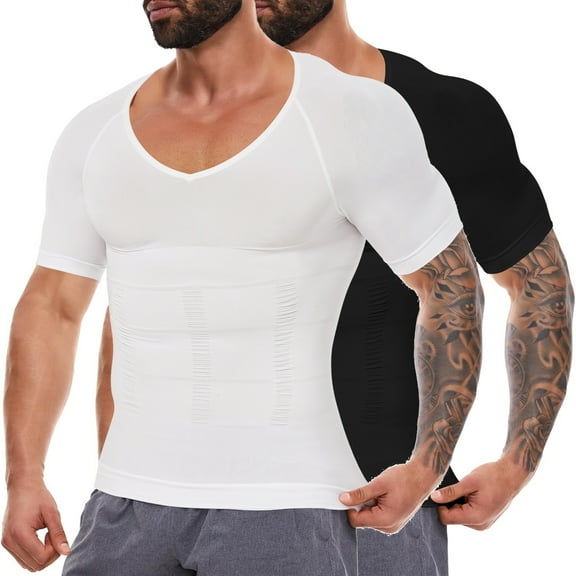 2 PACK Gynecomastia Compression Shirts for Men Shapewear Tummy Control Body Shaper Undershirt V-Neck Workout Baselayer T-Shirt