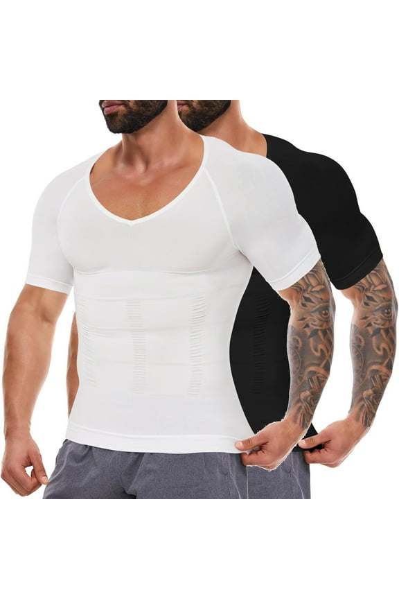 2 PACK Gynecomastia Compression Shirts for Men Shapewear Tummy Control Body Shaper Undershirt V-Neck Workout Baselayer T-Shirt