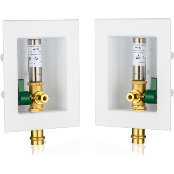 2-PACK Icemaker Outlet Box with 1/2" Copper Press Inlet Connect, Ice Maker Box with Pre-installed 1/4-Turn Ball Valve(Stainless Steel Hammer Arrestor)(-2Pack)