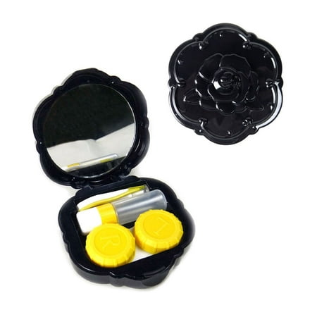 [2 PACK], JAVOedge Black Rose Contact Lens Carry Case Travel Kit with Soft Microfiber Lens Cleaning Cloth