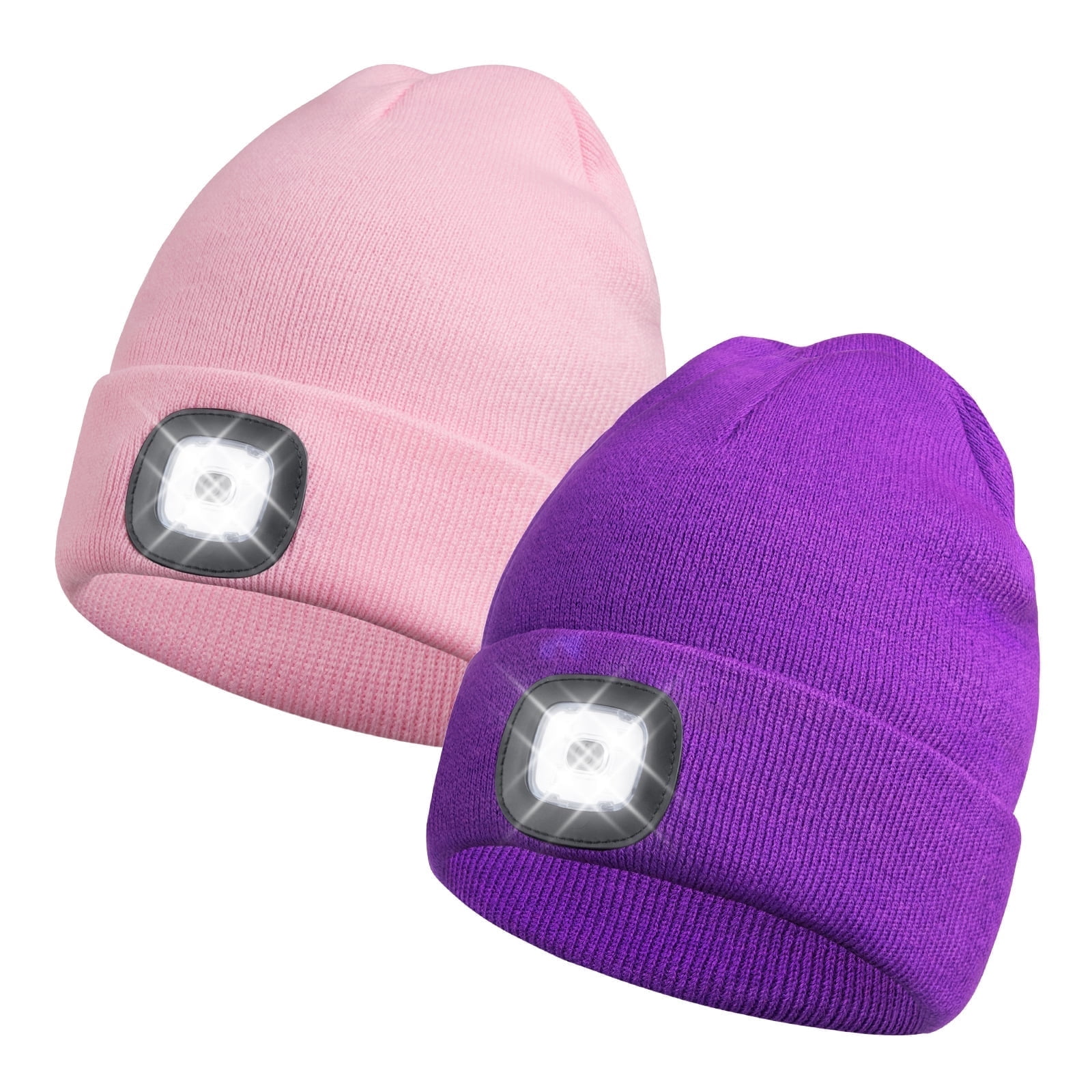 BUTKLNYTS 2 PACK LED Beanie Hat with Rechargeable Headlamp-Warm Knit Cap for Outdoor Activities,Camping,Running,and Hiking Pink+Purple