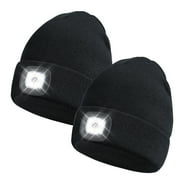 BUTKLNYTS 2 PACK LED Beanie Hat with Rechargeable Headlamp-Warm Knit Cap for Outdoor Activities,Camping,Running,and Hiking Black