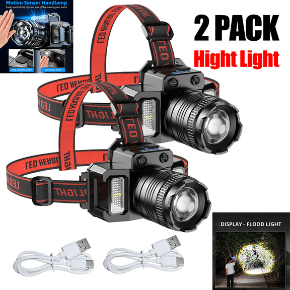 2 PACK LED Headlamp Motion Sensor 5-Modes Headlamp USB Rechargeable Canping Hiking Headlight