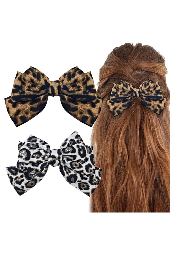2 PACK Leopard Hair Bow Clips, Vintage Large Bow Hair Clips for Women Hand-Made Big Leopard Print Hair Bows Hair Barrettes Hair Accessories for Women Girls