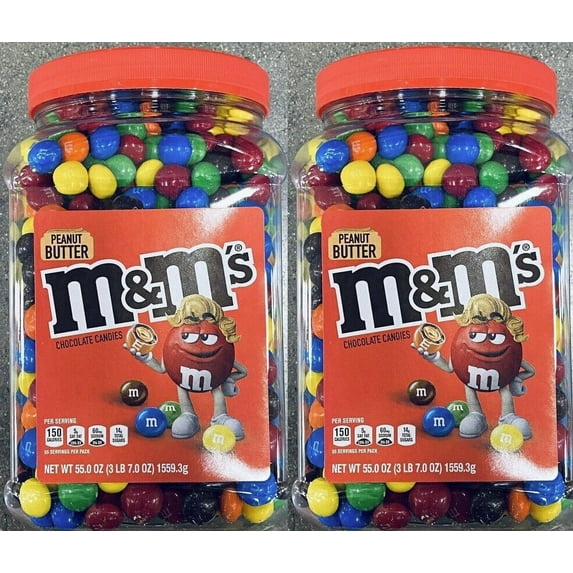 2 PACK M&M Peanut Butter 55 Oz Ounce Chocolate Candy Bulk Tubs Jar M&M's - NO CA