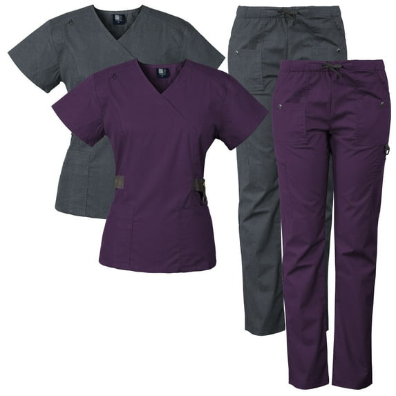 2-PACK Medgear 12-Pocket Women's Scrub Set with Silver Snap Detail & Contrast Trim