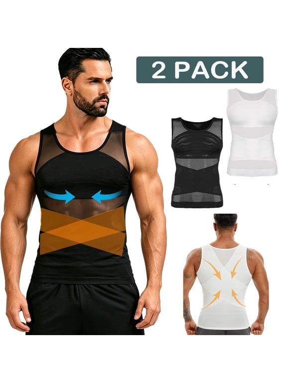 2 PACK Mens Compression Shirt Body Shaper Vest Sleeveless Undershirt Tank Top Tummy Control Shapewear for Men Gym Clothing Gym Everyday Wear